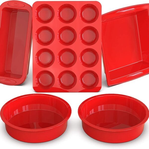 SILIVO 5-Piece Silicone Baking Pans Sets - Nonstick Silicone Bakeware Set with Bread Loaf Pan, Muffin Pan, Square/Round Cake Pan - Oven & Dishwasher Safe