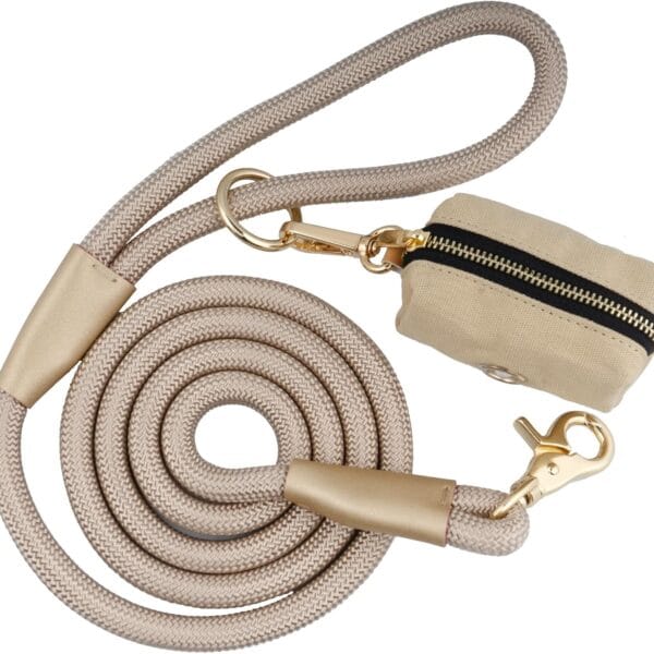 5 FT Nylon Rope Dog Leash with Poop Bag Holder, Heavy Duty Snap Dog Leash, Comfortable Handle Rope Leash for Small Puppy Medium Large Dogs (5FT * 10MM, Beige)