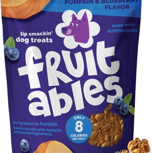 Fruitables Baked Dog Treats Pumpkin Treats for Dogs Healthy Low Calorie Rewards Free of Wheat, Corn and Soy Pumpkin and Blueberry 7 Ounces