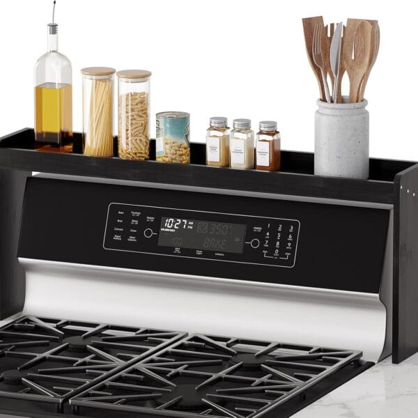 SpaceAid Bamboo Over the Stove Spice Holder Shelf, 31.5" Kitchen Organizer Stove Spice Top Rack, 11.6" Height Countertop Storage, Over Oven Back Sink Organization Shelf, Black