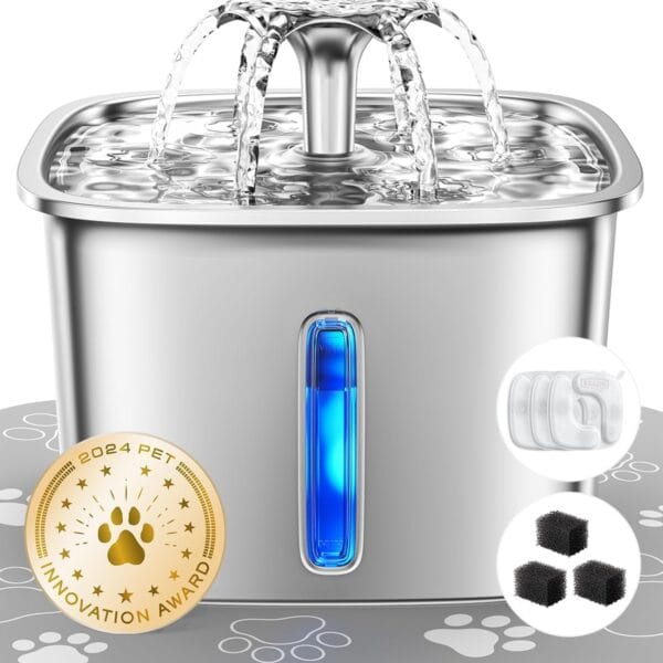 Veken Innovation Award Winner Stainless Steel Cat Water Fountain, 95oz/2.8L Automatic Pet Fountain with 3 Replacement Filters & 3 Pre-Filter Sponges & Silicone Mat for Cats, Dogs (Silver)