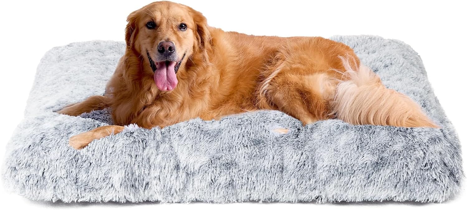 EHEYCIGA Fluffy Dog Crate Bed For Extra Large Dogs, Plush Faux Fur Pad, Calming Anti Anxiety XL Bed For Crate, Washable Soft Warm Dog Mat With Non Slip Bottom, Grey EHEYCIGA Fluffy Dog Crate Bed for Extra Large Dogs, Plush Faux Fur Pad, Calming Anti Anxiety XL Bed for Crate, Washable Soft Warm Dog Mat with Non-Slip Bottom, Grey