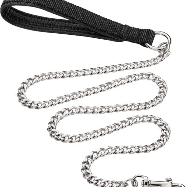 Chain Heavy Duty Metal Dog Leash, 4FTx3mm Chew Proof Pet Leash Chain with Soft Padded Handle for Large & Medium Size Dogs Walking, Training and Traveling (0-80 lbs)