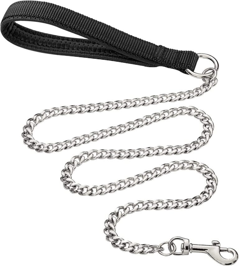 Chain Heavy Duty Metal Dog Leash, 4FTx3mm Chew Proof Pet Leash Chain with Soft Padded Handle for Large & Medium Size Dogs Walking, Training and Traveling (0-80 lbs)