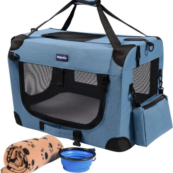 Petprsco Portable Collapsible Dog Crate, Travel Dog Crate 24x17x17 with Soft Warm Blanket and Foldable Bowl for Large Cats & Small Dogs Indoor and Outdoor