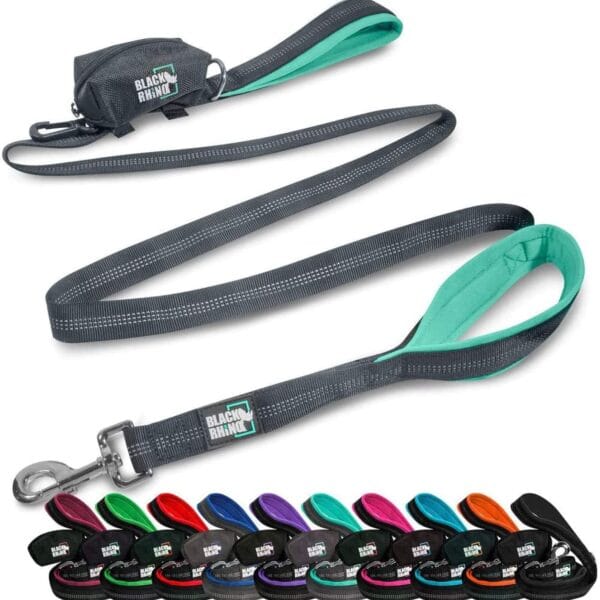 Black Rhino Heavy Duty Dog Leash for Medium and Large Dogs - 6 ft Long Double Handle Leash with Padded Traffic Control Handles and Bag for Comfort - Reflective, Durable, and Weather Resistant (Aqua)