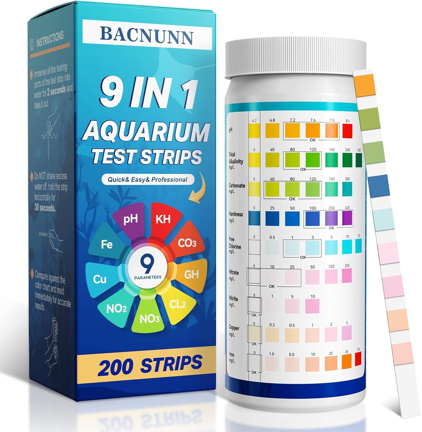 Aquarium Test Strips: 200CT 9 In 1 Quick & Accurate Fish Tank Water Testing Kit For Freshwater Pond Testing Nitrate Nitrite Hardness Free Chlorine PH Carbonate Total Alkalinity Copper Iron Aquarium Test Strips: 200CT 9 in 1 Quick & Accurate Fish Tank Water Testing Kit for Freshwater Pond Testing Nitrate Nitrite Hardness Free Chlorine pH Carbonate Total Alkalinity Copper Iron