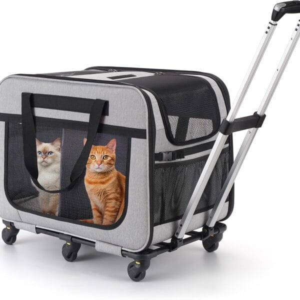 Extra Large Double Pet Carrier with Wheels for Small Dogs and All-Breed Cats, Cat Rolling Carrier for 2 Cats, Support up to 40 Lbs, Grey