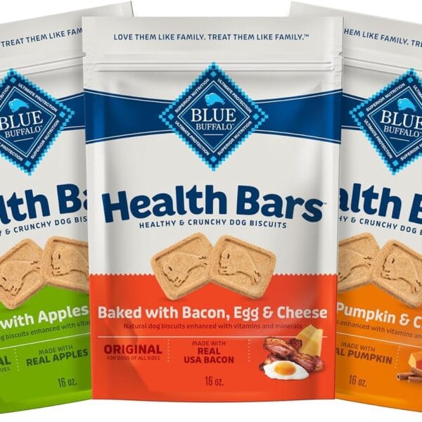 Blue Buffalo Health Bars Crunchy Dog Biscuits, Variety Pack, Bacon, Egg & Cheese, Apple & Yogurt, Pumpkin & Cinnamon, 16-oz Bags