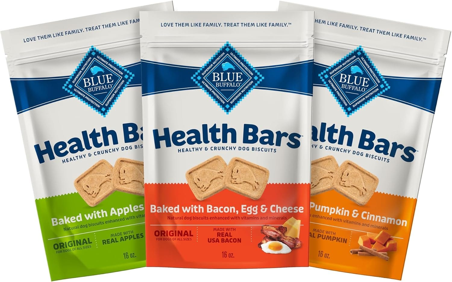 Blue Buffalo Health Bars Crunchy Dog Biscuits, Variety Pack, Bacon, Egg & Cheese, Apple & Yogurt, Pumpkin & Cinnamon, 16 Oz Bags Blue Buffalo Health Bars Crunchy Dog Biscuits, Variety Pack, Bacon, Egg & Cheese, Apple & Yogurt, Pumpkin & Cinnamon, 16-oz Bags