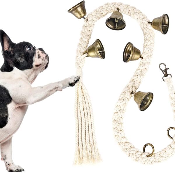 Dog Bell for Door Potty Training, Cotton Handwoven Dog Doorbell with 6 Extra Loud Bells for Dog Training, Adjustable Hanging Door Bell for Small Medium Large Dogs to Ring to Go Outside, Beige