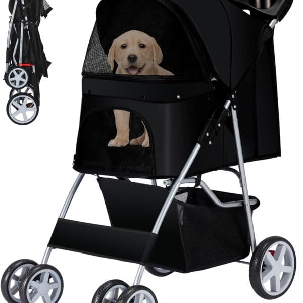 Pet Stroller, 4 Wheels Pet Strolling Cart for Medium/Small Dogs and Cats, Foldable Cat Jogger/Dog Stroller with Cup Holder, Storage Basket, Breathable Mesh, All-Season Pet Carrier, Black