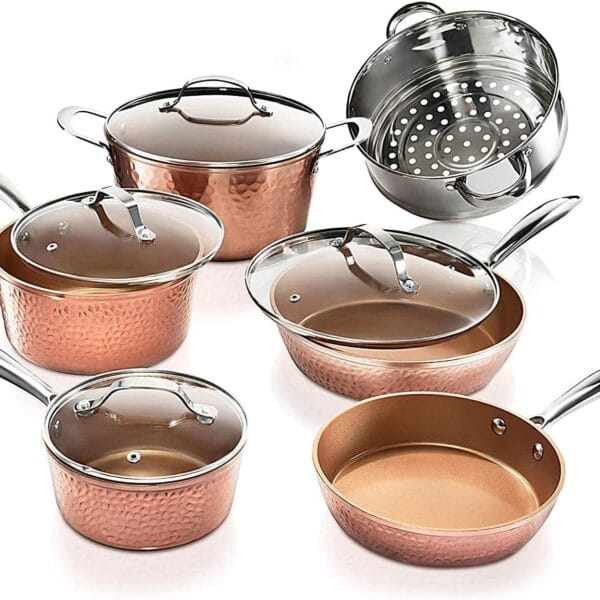 Gotham Steel Hammered Copper 10 Pc Pots and Pans Set Non Stick Cookware Set, Non Toxic Ceramic Cookware Set, Kitchen Cookware Sets with Induction Cookware, Pot and Pan Set, Oven/Dishwasher Safe