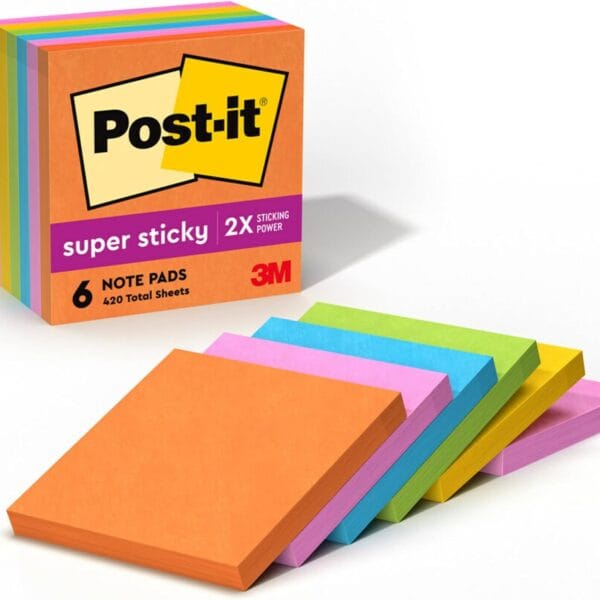 Post-it Super Sticky Notes, 3x3 in, 6 Pads, 2X The Sticking Power, Energy Boost Collection, Bright Colors (Orange, Pink, Blue, Green),Recyclable (654-6SSAU)