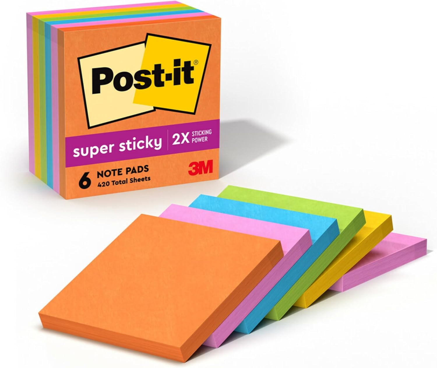 Post It Super Sticky Notes, 3x3 In, 6 Pads, 2X The Sticking Power, Energy Boost Collection, Bright Colors (Orange, Pink, Blue, Green),Recyclable (654 6SSAU) Post-it Super Sticky Notes, 3x3 in, 6 Pads, 2X The Sticking Power, Energy Boost Collection, Bright Colors (Orange, Pink, Blue, Green),Recyclable (654-6SSAU)