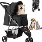 VEVOR Pet Stroller, 35 lbs Weight Capacity, Foldable Dog Cart, 3 Wheels Cats Carts with Mesh Windows and Cup Holders, Portable Pet Carrier Stroller with Brake, for Small to Medium Pets