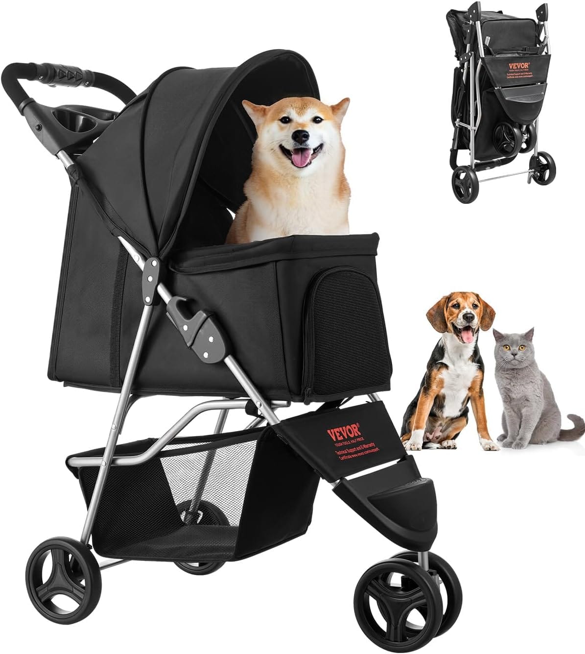 VEVOR Pet Stroller, 35 Lbs Weight Capacity, Foldable Dog Cart, 3 Wheels Cats Carts With Mesh Windows And Cup Holders, Portable Pet Carrier Stroller With Brake, For Small To Medium Pets VEVOR Pet Stroller, 35 lbs Weight Capacity, Foldable Dog Cart, 3 Wheels Cats Carts with Mesh Windows and Cup Holders, Portable Pet Carrier Stroller with Brake, for Small to Medium Pets