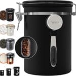 Veken Large Coffee Canister with Window, Rice Kitchen Food Storage Airtight Stainless Steel Container with Lids, Date Tracker and Scoop, Grounds, Beans, Tea, Flour, Cereal, Sugar Jars, 38oz, Black