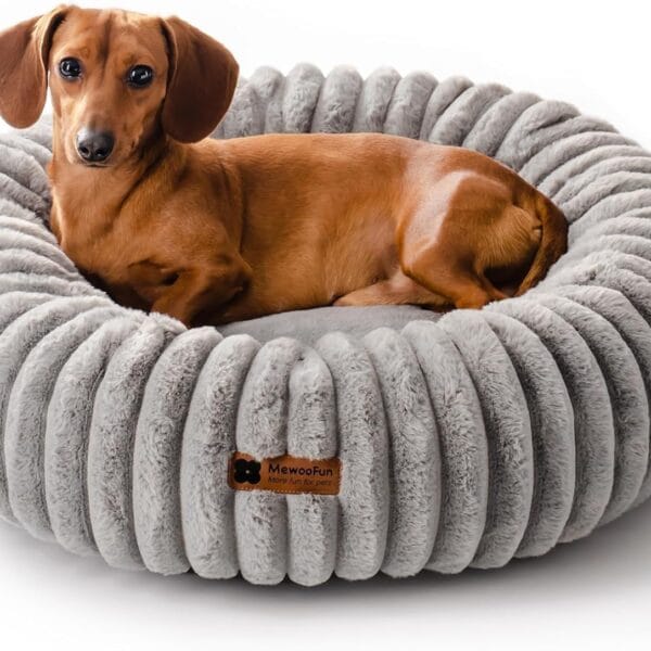 MEWOOFUN Donut Dog Beds for Small Dog, Calming Bed Round Cute Puppy Bed with Non-Slip Bottom, Fluffy Washable Pet Bed for Puppy and Kitten (Grey, S (25x25x7))