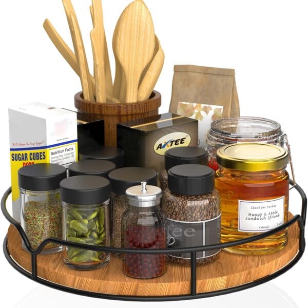 Lazy Susan Turntable Organizer for Cabinet Pantry Kitchen Countertop Refrigerator Cupboard, Pine Wood, 9", Carbonized Black