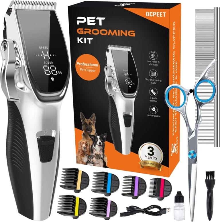 Dog Grooming Kit Low NoiseCordless 4 in 1 Dog Clippers for Grooming Rechargeable Pet Cat Hair Trimmer with 2 Speed,6 Guards,Scissors,Comb for Small Medium Large Pets Dogs Cats Thick Hair Cutting