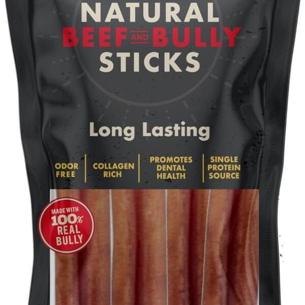 Canine Naturals | Natural Beef & Bully Sticks | Long-Lasting, Odor Free, High Protein Chews Made with 100% Real Bully | 4 Count Medium Sticks