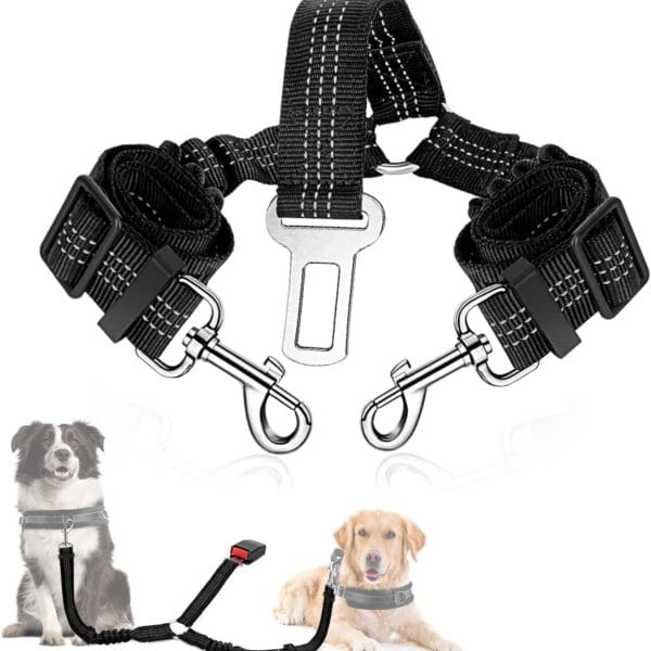 SlowTon Dog Seat Belt, Double Dog Seatbelt Adjustable Vehicle Safety Leash with Elastic Bungee Buffer, Reflective No Tangle Y Shape Two Dog Harness Seat Belt Splitter for Pets Car Trip (Black, M)