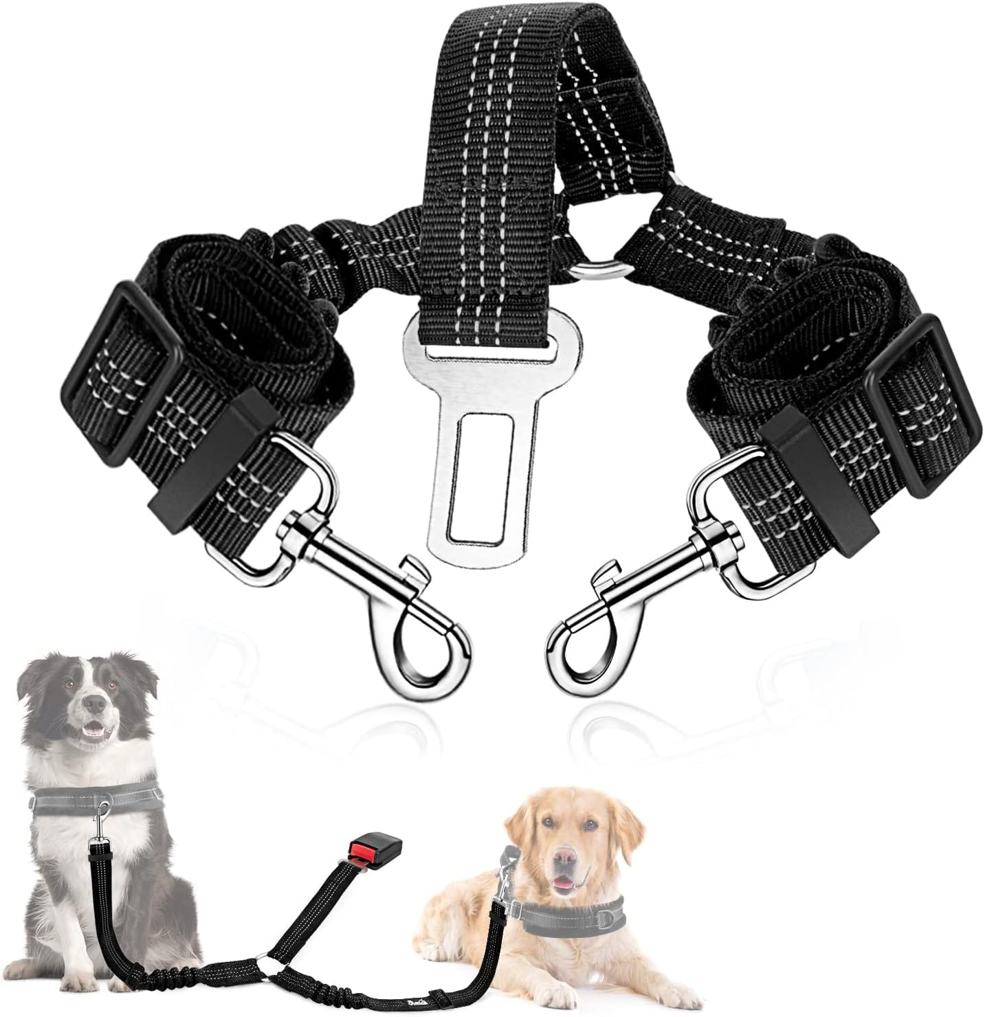 SlowTon Dog Seat Belt, Double Dog Seatbelt Adjustable Vehicle Safety Leash With Elastic Bungee Buffer, Reflective No Tangle Y Shape Two Dog Harness Seat Belt Splitter For Pets Car Trip (Black, M) SlowTon Dog Seat Belt, Double Dog Seatbelt Adjustable Vehicle Safety Leash with Elastic Bungee Buffer, Reflective No Tangle Y Shape Two Dog Harness Seat Belt Splitter for Pets Car Trip (Black, M)