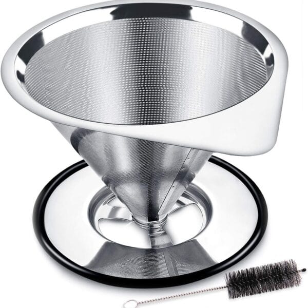 LHS Pour Over Coffee Dripper Stainless Steel Coffee Filter Metal Cone Filter Paperless Reusable Coffee Filter Single Cup Coffee Maker 1-2 Cup With Non-slip Cup Stand and Cleaning Brush
