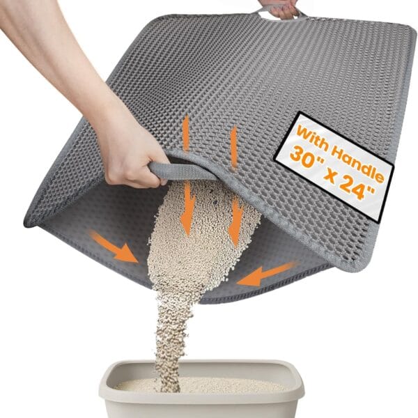 Cat Litter Mat-30"X24" Jumbo Litter Trapping Mat EVA Honeycomb,Urine & Waterproof Scatter Control Matt for Cat With Handle Design Easier To Clean, Less Waste, Soft On Paws, Gray