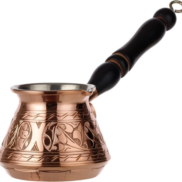 DEMMEX Thickest Copper Turkish Greek Arabic Coffee Pot, Stovetop Coffee Maker, Cezve Ibrik Briki with Wooden Handle & Spoon, Hand Engraved