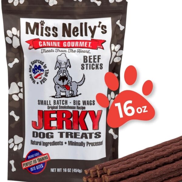 Miss Nelly's- All Natural Beef Jerky Dog Treats Made in USA Only - Beef Jerky Treats for Dogs Original Smoke House Recipe-Minimally Processed Soft Sticks - 16 oz. Bag.
