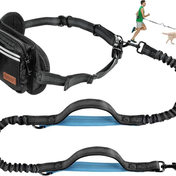 Kytely Hands Free Dog Leash with Zipper Pouch, Wide Padded Waist Dog Running Leash for Medium and Large Dogs, Dual Padded Handles, Retractable Bungee for Walking Jogging Training Hiking