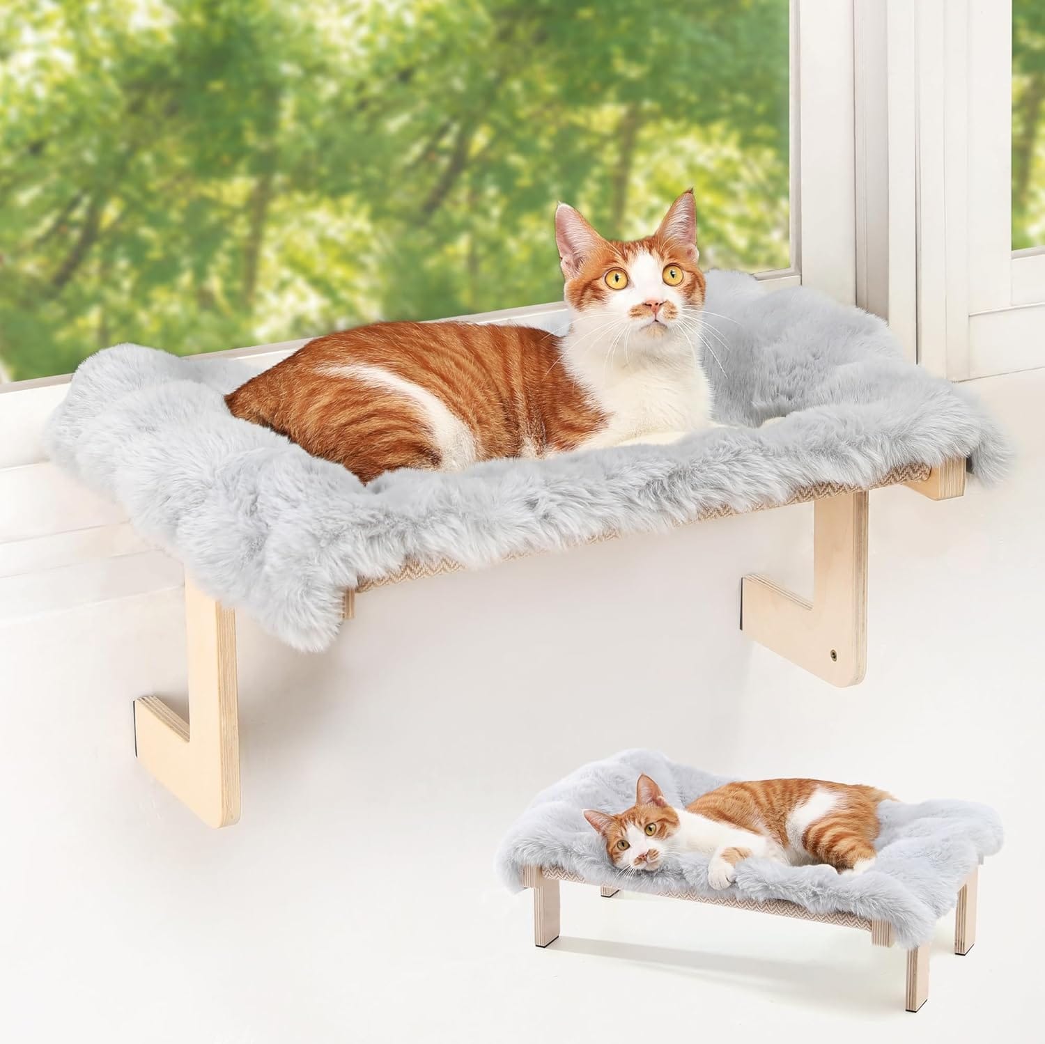 FUKUMARU Cat Window Perch, Transformable Cat Hammock With Fluffy Cushion For Windowsill And Floor, Cats Window Bed For Large Cats And Kittens, Reinforced Wood And Metal Frame, Easy To Adjust Pet Pech FUKUMARU Cat Window Perch, Transformable Cat Hammock with Fluffy Cushion for Windowsill and Floor, Cats Window Bed for Large Cats and Kittens, Reinforced Wood and Metal Frame, Easy to Adjust Pet Pech