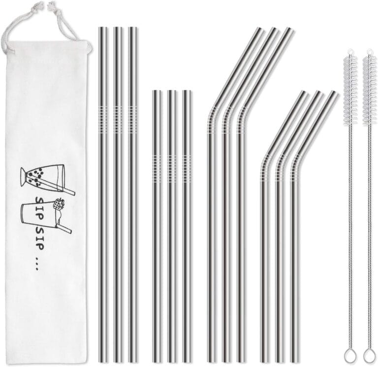 Hiware 12-Pack Reusable Stainless Steel Metal Straws with Case - Long Drinking Straws for 30 oz and 20 oz Tumblers Dishwasher Safe - 2 Cleaning Brushes Included