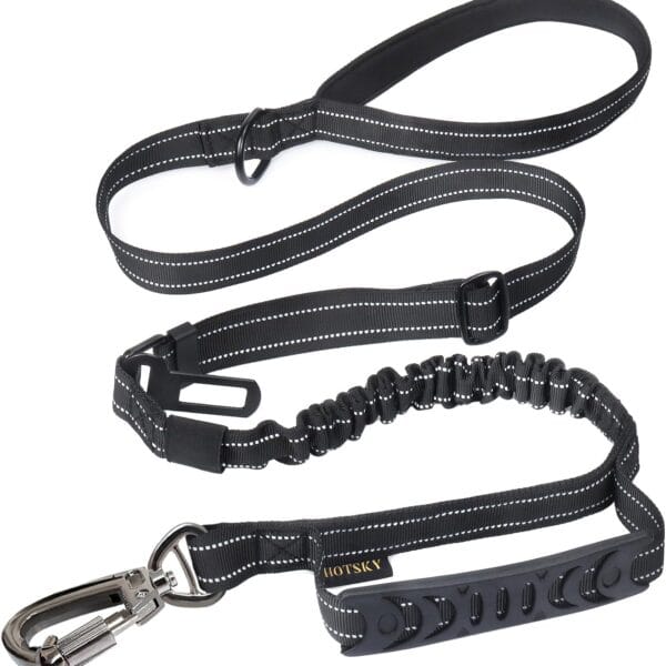 Hotsky Tactical Dog Leash Heavy Duty for Medium Large Dogs That Pull,4-6Ft Strong Bungee Shock Absorbing No Pull Dog Leash with Padded Double Handle and Car Seatbelt,Reflective Black