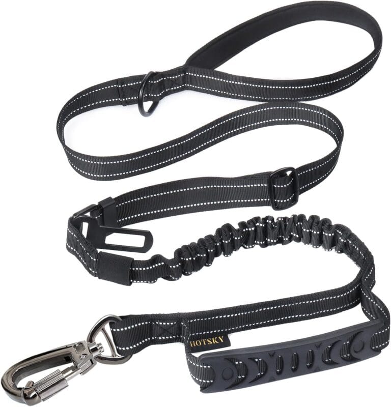 Hotsky Tactical Dog Leash Heavy Duty for Medium Large Dogs That Pull,4-6Ft Strong Bungee Shock Absorbing No Pull Dog Leash with Padded Double Handle and Car Seatbelt,Reflective Black