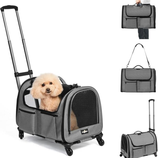 Large Pet Carrier with Wheels, Foldable Rolling Dog Carrier with Wheels and Big Pocket, Cat Rolling Bag 21"x13"x13" for 2 Cats &Dogs, for Travel, Outdoor, Vet Visits, Camping, Indoor. Gray