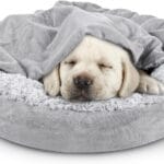 JOEJOY Small Dog Bed Cat Bed with Hooded Blanket, Cozy Cuddler Luxury Puppy Pet Bed, Donut Round Calming Anti-Anxiety Dog Burrow Cave Bed - Anti-Slip Bottom and Machine Washable 23 inch