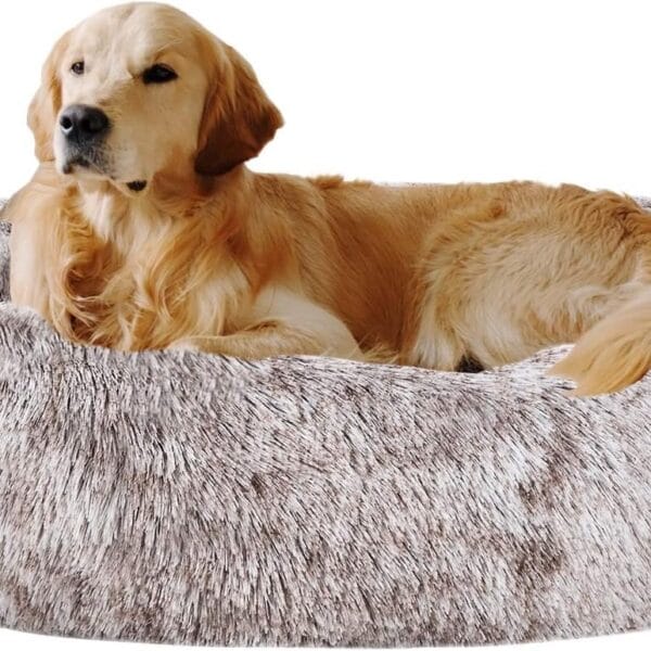 Coohom Oval Calming Donut Cuddler Dog Bed,Shag Faux Fur Cat Bed Washable Round Pillow Pet Bed(30"/36"/43") for Medium Dogs (XL(36"x27"x7"),Light Brown)
