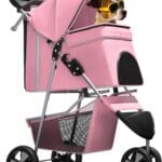 Magshion 3-Wheel Pet Stroller, Foldable Travel Jogger for Small & Medium Dogs & Cats (Up to 33lbs), Lightweight Carrier with Breathable Mesh Cover, Cup Holder & Storage Basket, Pink