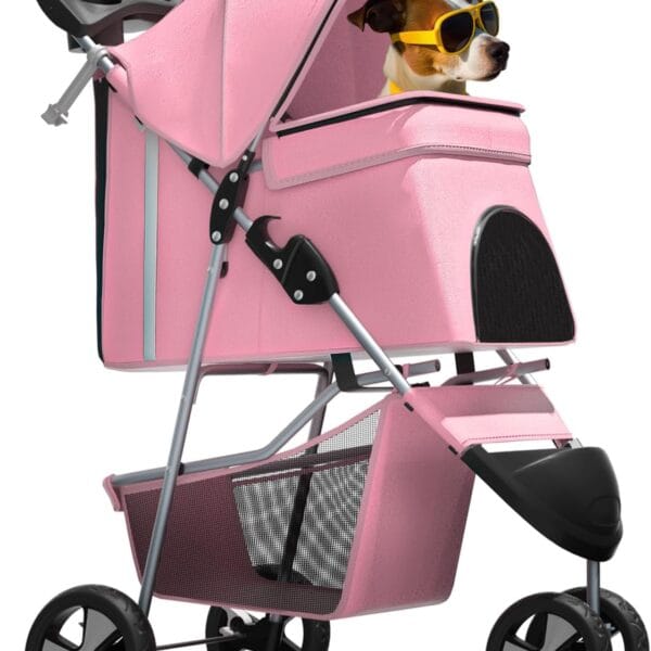Magshion 3-Wheel Pet Stroller, Foldable Travel Jogger for Small & Medium Dogs & Cats (Up to 33lbs), Lightweight Carrier with Breathable Mesh Cover, Cup Holder & Storage Basket, Pink