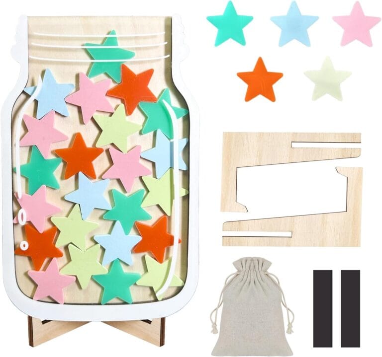 Reward Jar for Kids  Magnetic Wooden Behavior Chart and Incentive Jar with 25 Tokens, Stickers, Stand & Magnet  Positive Reinforcement Tool for Home, Toddlers or Classroom (Star  V2)