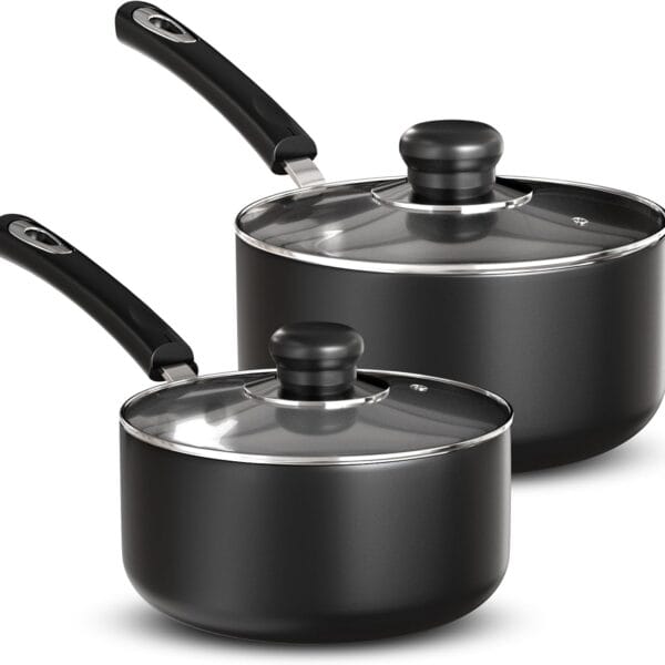 Utopia Kitchen Nonstick Saucepan Set, Cooking Pots with Lids, 1 Quart and 2 Quarts Multipurpose Kitchen Small Pots for Cooking Nonstick With Lids, 1 qt & 2 qt Set, Grey & Black