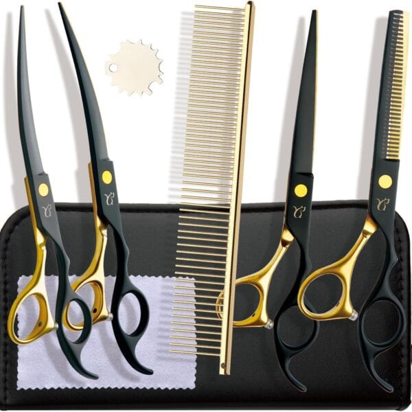 Dog Grooming Scissors,Paint Coated Curved Scissors Thinning Scissors with Safety Round Tips, Sharp and Durable 5 in 1 Dog Scissors for Grooming