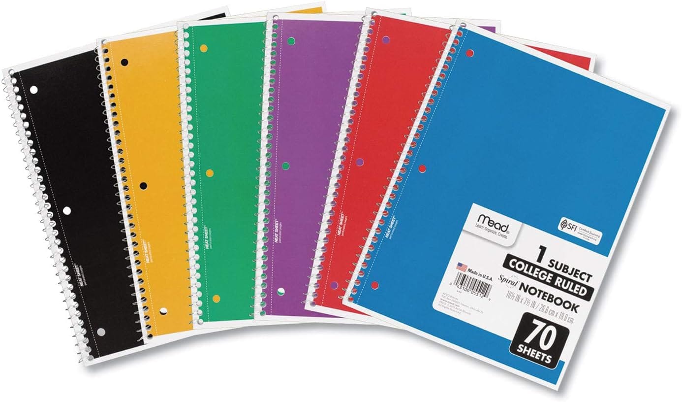 Mead Spiral Notebook, 6 Pack, 1 Subject, College Ruled Paper, 7 1/2" X 10 1/2", 70 Sheets Per Notebook, Colors Will Vary (830062 ECM25) Mead Spiral Notebook, 6 Pack, 1 Subject, College Ruled Paper, 7-1/2" x 10-1/2", 70 Sheets per Notebook, Colors Will Vary (830062-ECM25)