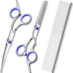 Professional Dog Grooming Scissors Kit, Titanium Coated Dog Scissors for Grooming, Grooming Shears Kit - Thinning, Curved Scissors and Comb for Dog Cat Pet (Blue 4 in 1)