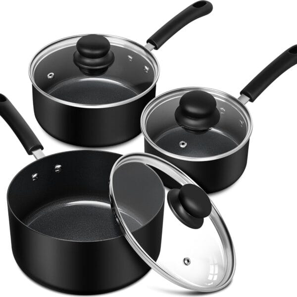 MICHELANGELO Nonstick Saucepan with Lid, Ceramic Sauce Pan Sets, Easy to Clean Sauce Pans, Multi-Purpose Cooking Pots, 1QT & 2QT & 3QT, Black
