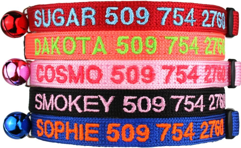 GoTags Personalized Cat Collars With Breakaway Safety Release Buckle, Custom Embroidered Cat Collar With Pet Name And Phone Number, Adjustable Nylon ID Collar With Bell For Cat Or Kitten (Pack Of 1) GoTags Personalized Cat Collars with Breakaway Safety Release Buckle, Custom Embroidered Cat Collar with Pet Name and Phone Number, Adjustable Nylon ID Collar with Bell for Cat or Kitten (Pack of 1)