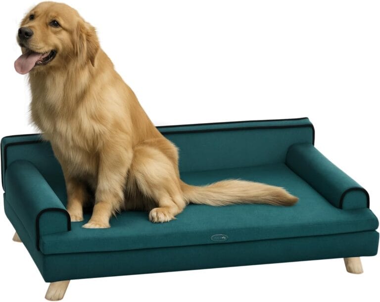 PawHut Dog Sofa, Large Couch with Washable Cover, Wooden Legs, Foam Pet Sofa, Elevated Fancy Bed for Medium & Large Dogs, Teal
